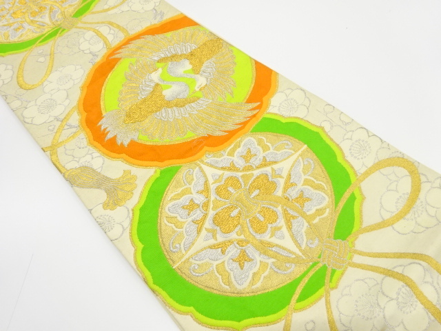 JAPANESE KIMONO / ANTIQUE FUKURO OBI / SILK / WOVEN CRANE & FLORAL SHIPPO PATTERN